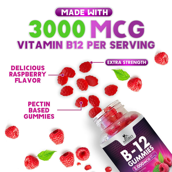 B12 Gummies for Adults, Extra Strength Energy 3000 mcg - B-12 Energy Metabolism & Immune System Support - Chewable Dietary Supplement for Adults & Kids Caffeine Free Gummy Vitamin - 60 Gummies