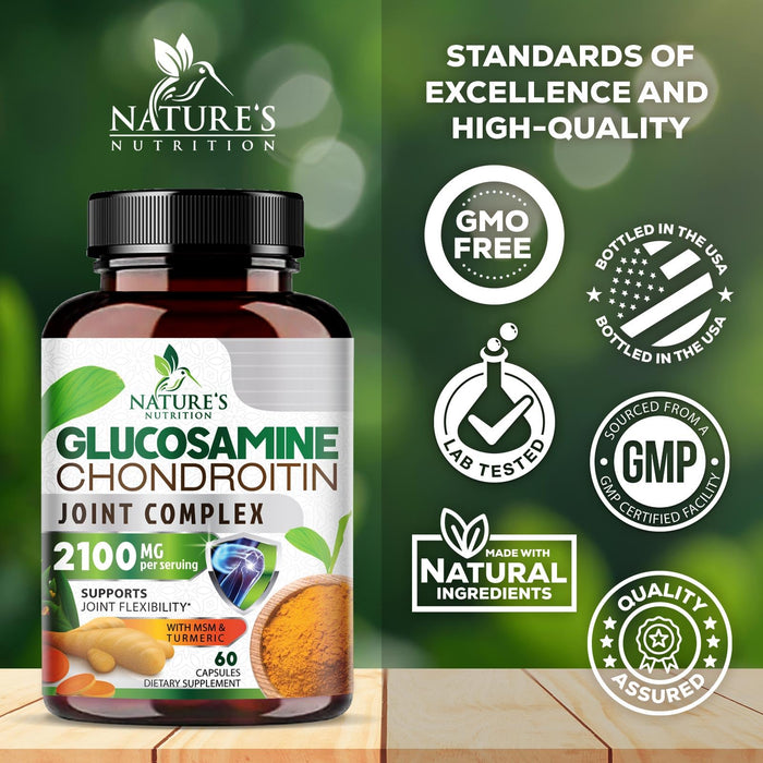 Glucosamine Chondroitin MSM 2100mg Complex - Joint Support Supplement for Joint Mobility & Comfort For Men and Women with Turmeric & Boswellia, Triple Strength Glucosamine Supplements - 60 Capsules
