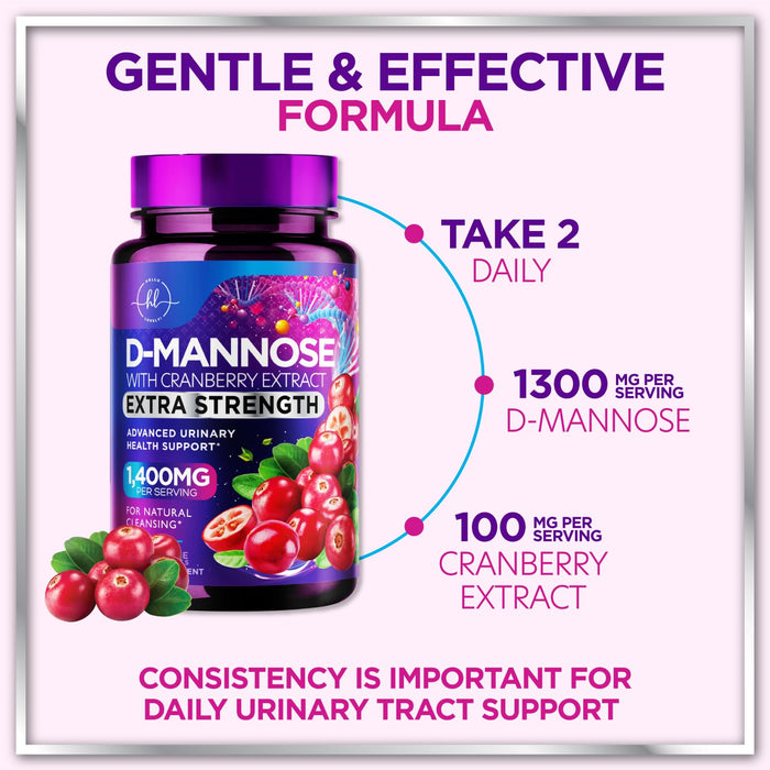 D-Mannose 1300mg with Cranberry - Urinary Tract Support - 120 Capsules