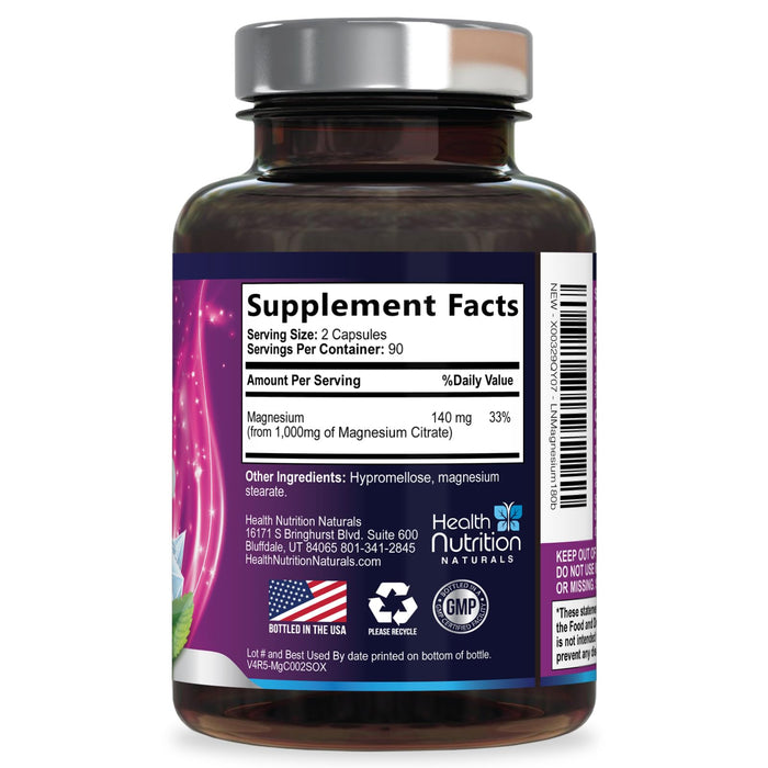 Magnesium Citrate Capsules 1000mg - Max Absorption Magnesium Powder for Muscle, Nerve, Bone and Heart Health Support, High Absorption Citrate Complex, Gluten Free, Non-GMO - 180 Capsules