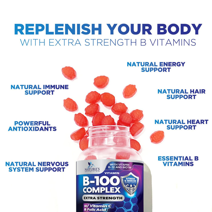 B Complex Supplement Gummies with Vitamin C & Folic Acid, Extra Strength Super Vitamin B Gummy with Niacin, B6, Folic Acid, B12, Biotin, Nature's Energy Immune Support Supplements - 60 Gummies