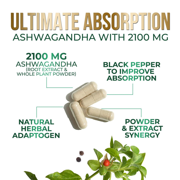 Ashwagandha Capsules for Women & Men - 2100mg Ashwagandha Supplement, Natural Antioxidant Support, Ashwa Root Extract, Extra Strength Calm Support with Black Pepper, Vegan & Gluten Free - 180 Capsules