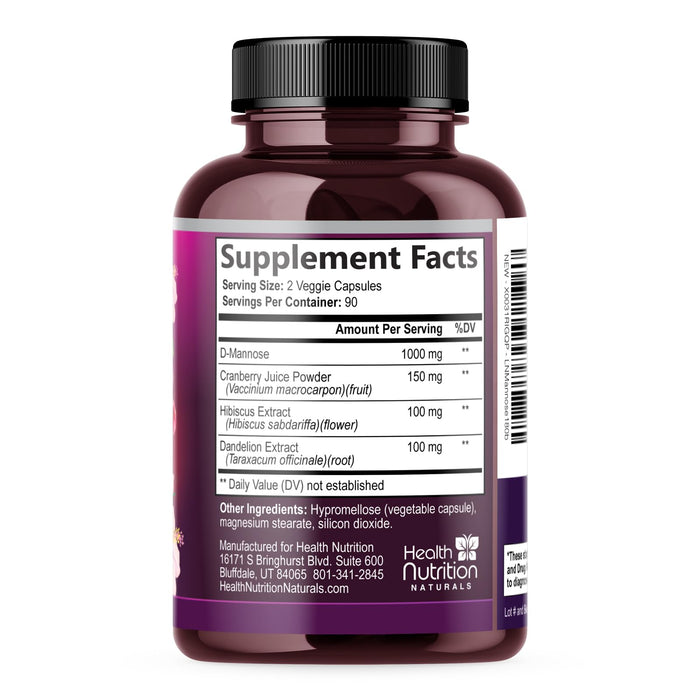 D-Mannose Supplement 1,000mg - with Cranberry, Hibiscus & Dandelion - Fast-Acting, Natural Urinary Tract & Bladder Support for Women & Men – Flush & Cleanse Impurities – Non-GMO, Vegan – 180 Capsules