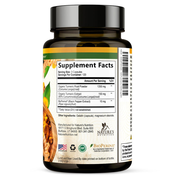 Turmeric Curcumin Supplement 1500mg - Organic Tumeric & BioPerine Black Pepper for Best Absorption with 95% Curcuminoids, Nature's Joint & Immune Support, Non-GMO, Bottled in USA - 360 Capsules