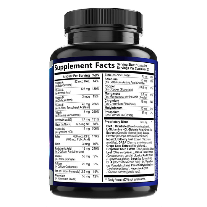 Brain Memory Supplement Pills - Nootropics Support for Concentration, Clarity, Alertness & Focus - Brain Health with Bacopa, Cognitive Vitamins, Phosphatidylserine, DMAE - Brain Booster - 60 Capsules
