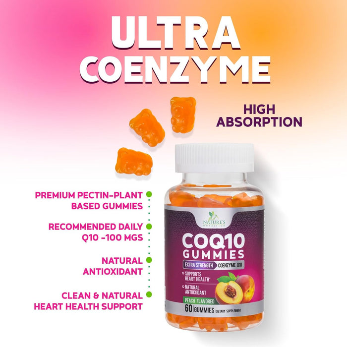 Nature's Nutrition CoQ10 Gummies 100mg â€“ High Absorption Coenzyme Q10 Supplement for Heart Health, Energy & Antioxidant Support â€“ Peach Flavor Gummy, Vegan, Non-GMO, Gluten Free â€“ 60 Count