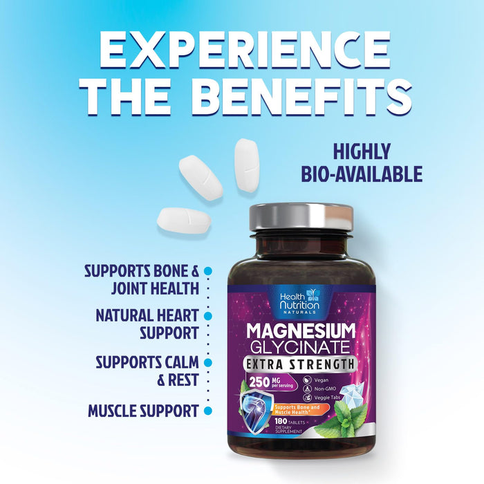 Magnesium Glycinate 250mg - 100% Chelated Magnesium for Max Absorption - Sleep Support, Muscle, Nerves, Bone & Heart Health Support, Best Mag Supplement, Vegan Non-GMO, 3rd Party Tested - 180 Tablets