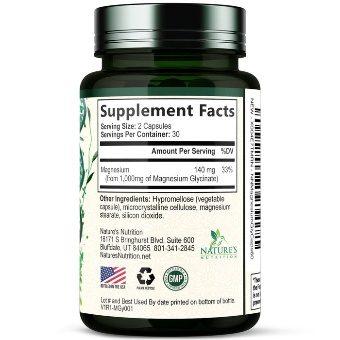 Magnesium Glycinate 1000mg - Magnesium for Bone, Muscle, Nerves & Heart Health Support, Natures Sleep Support, Best Mag Supplement Pills for Whole Body - Chelated for Ultra Absorption - 60 Capsules