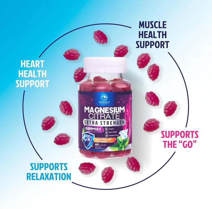 Magnesium Citrate Supplement Gummies - High Absorption Magnesium Gummy for Adults & Kids, Magnesio Citrate Supplements for Bone, Muscle Health, Heart Support, Vegan, Gluten Free, Non-GMO - 60 Gummies