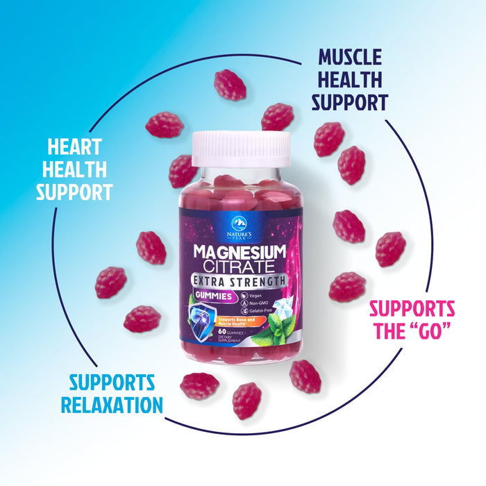 Magnesium Citrate Supplement Gummies - High Absorption Magnesium Gummy for Adults & Kids, Magnesio Citrate Supplements for Bone, Muscle Health, Heart Support, Vegan, Gluten Free, Non-GMO - 60 Gummies