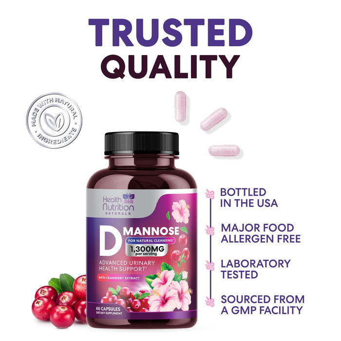 D-Mannose Supplement 1,000mg - with Cranberry, Hibiscus & Dandelion - Fast-Acting, Natural Urinary Tract & Bladder Support for Women & Men – Flush & Cleanse Impurities – Non-GMO, Vegan – 60 Capsules