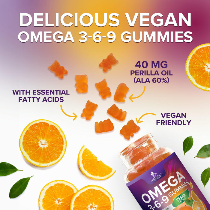 Omega 3 6 9 Vegan Gummies - Triple Strength Omega 3 Supplement Gummy - Essential Oil 369 Heart Support and Brain Support for Women, Men & Pregnant Women, Non-GMO, Orange Flavor - 60 Gummies