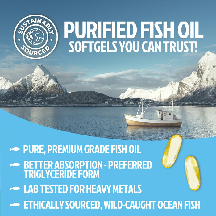 Omega 3 Fish Oil 2400 mg - Triple Strength Omega3, EPA & DHA Fatty Acids Supplement - Natural Support for Immune, Heart & Brain Health - Wild Caught, Non-GMO, Lemon Flavor, Burpless - 240 Softgels