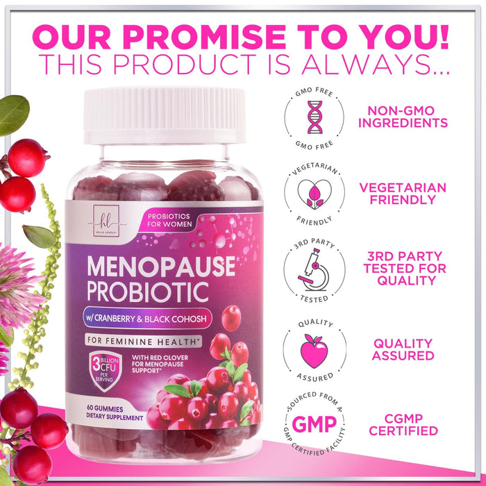 Menopause Supplements for Women Gummies with Black Cohosh, Cranberry 3 Billion CFU Probiotics - Complete Menopause Balance Relief for Hot Flashes, Night Sweats, PH, Vaginal Health Support - 60 Gummies