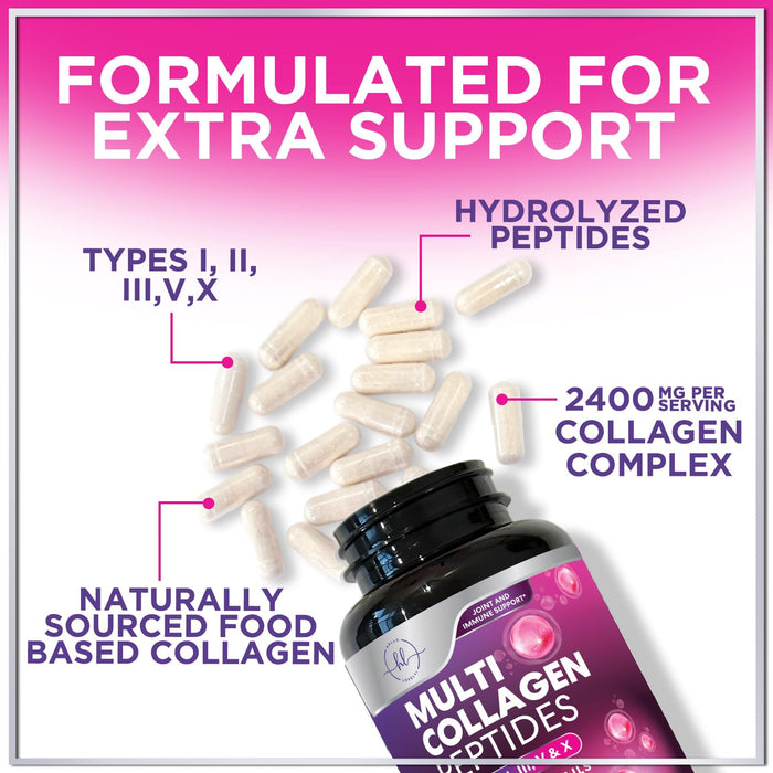 Multi Collagen Peptides Supplement - Hydrolyzed Types I, II, III, V & X Multi Collagen Pills, Hydrolyzed Collagen Peptides Supplements, Hair, Skin, Nail, and Joint Support Supplement, 60 Capsules