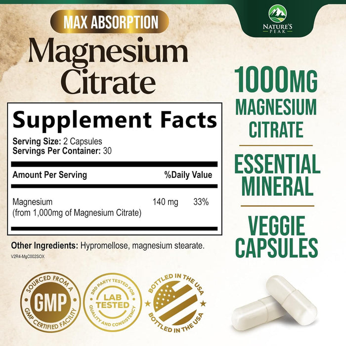 Magnesium Citrate 1000mg - High Absorption Magnesium Supplement Supports Muscle, Bone, Nerve & Heart Health - Extra Strength Magnesio Complex Pills - Non-GMO, Premium Energy Formula - 60 Capsules