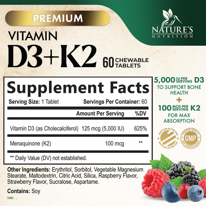 Vitamin D3 K2 Supplement | 5000 IU D3 + K2 100 mcg | MK-7 K2 with Vitamin D | Supports Immune, Heart, Teeth & Bone Health - Nature's Easy to Chew, VIT D3 K2, Non-GMO, Tasty Berry Flavor - 60 Tablets