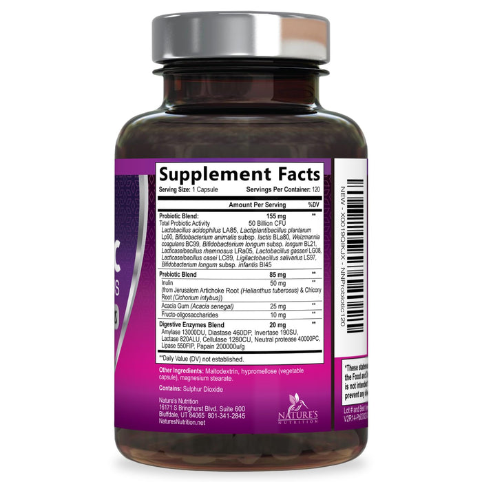 Probiotics 50 Billion CFU per Serving - 10 Strains + Prebiotics - Digestive Health, Gut & Immune Support - Supports Occasional Constipation, Gas & Bloating for Women & Men Shelf Stable - 120 Capsules