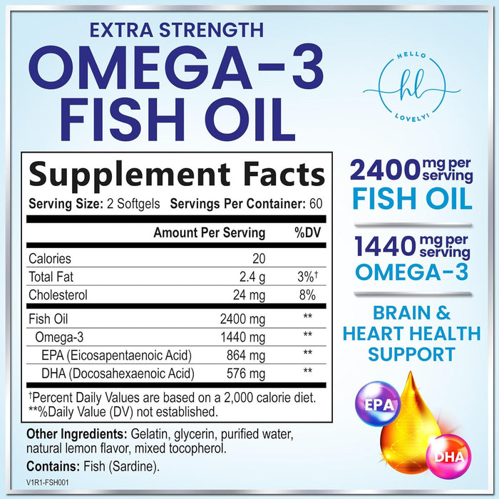 Omega 3 Fish Oil Supplements 2400mg - Triple Strength Omega 3 Fatty Acids, Natural Heart Health Brain & Joint Support - Fatty Acids with EPA & DHA - Wild Caught Fish Oil Supplement - 120 Softgels