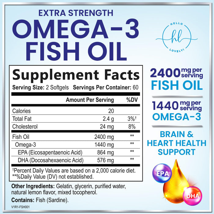 Omega 3 Fish Oil Supplements 2400mg - Triple Strength Omega 3 Fatty Acids, Natural Heart Health Brain & Joint Support - Fatty Acids with EPA & DHA - Wild Caught Fish Oil Supplement - 120 Softgels