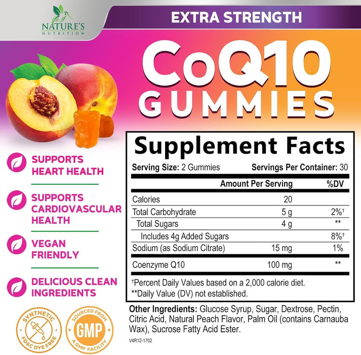 Nature's Nutrition CoQ10 Gummies 100mg â€“ High Absorption Coenzyme Q10 Supplement for Heart Health, Energy & Antioxidant Support â€“ Peach Flavor Gummy, Vegan, Non-GMO, Gluten Free â€“ 60 Count