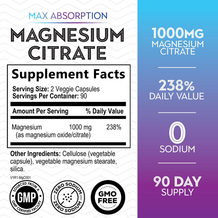 Magnesium Citrate 1000mg - High Absorption Magnesium Supplement Supports Muscle, Bone, Nerve & Heart Health - Extra Strength Magnesio Complex Pills - Non-GMO, Premium Energy Formula - 180 Capsules