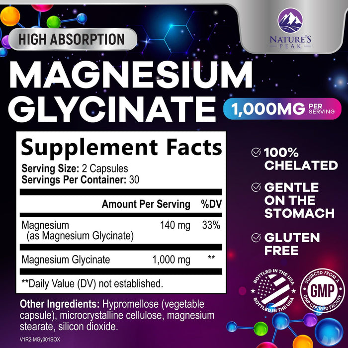 Magnesium Glycinate Supplement Pure 1000 mg Chelated for Max Absorption - Supports Bone, Muscle, Nerve & Heart Health, Sleep Support - Best Magnesium Pills for Whole Body Support - 60 Capsules