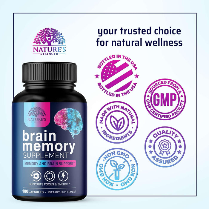Brain Memory Supplement Pills - Nootropics Support for Concentration, Clarity, Alertness & Focus - Brain Health with Bacopa, Cognitive Vitamins, Phosphatidylserine, DMAE - Brain Booster - 180 Capsules
