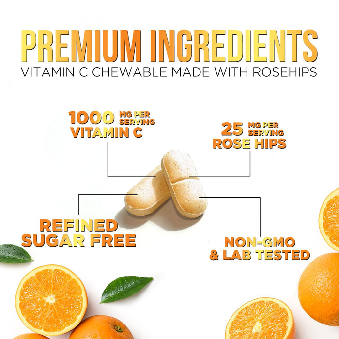 Vitamin C 1000mg Chewable Supplement - Extra Strength Immune Support Vitamin C Dietary Supplement with Rose HIPS, Nature's VitaminC Antioxidant Support, Natural, Vegan, Orange Flavor - 120 Tablets