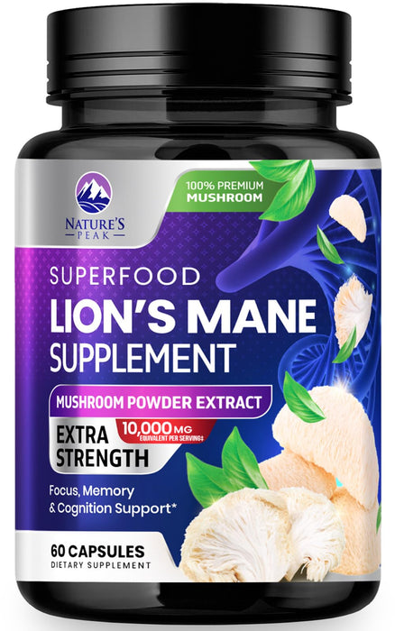 Lions Mane Mushroom Capsules 10,000mg - Lionâ€™s Mane Supplement Capsules for Memory and Focus Support, Brain, Immune Health Support, Vegan, Bottled in USA, Lions Mane Mushroom Powder Extract, 60 Count