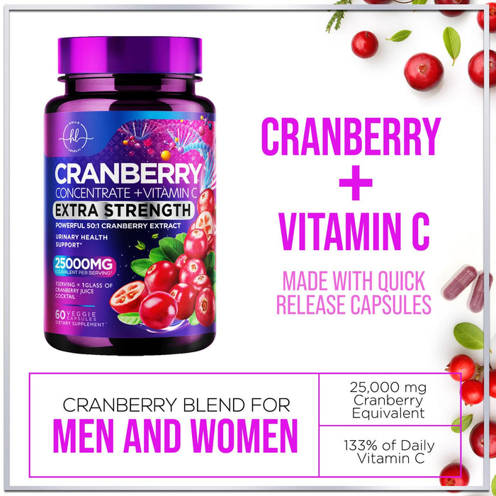 Cranberry Supplement 25,000mg Formula + Vitamin C â€“ Urinary Tract Health Support for Women & Men, 50:1 Whole Fruit Cranberry Extract Pills for Women, Sugar-Free, Non-GMO, Gluten-Free - 60 Capsules