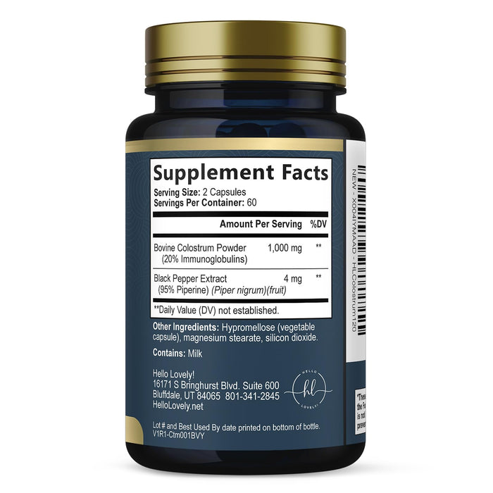 Colostrum 1000mg 20% IgG Immunoglobulins - Gut Health, Digestion & Immune Support, Bovine Colostrum Powder for Women, Muscle, Skin & Hair Growth Support, Bottled in the USA, Gluten Free - 120 Capsules
