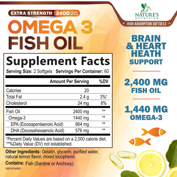 Omega 3 Fish Oil 2400 mg - Triple Strength EPA & DHA Fatty Acids for Heart, Brain & Joint Support Wild-Caught, Burpless, Lemon Flavor Supplement Natural, Non-GMO, Gluten-Free - 120 Softgels