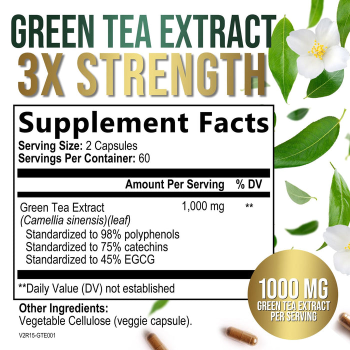 Green Tea Extract Capsules 1000mg with 98% Standardized Polyphenols & 45% EGCG for Heart Support with Antioxidants - 3X Absorption Green Tea Pills for Natural Energy, Gentle Caffeine - 120 Capsules