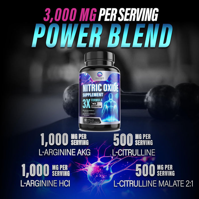 Nitric Oxide Supplement 3000mg L Arginine 3X Strength - Citrulline Malate & AKG - Extra Strength Muscle Supporting Nitric Booster for Muscle Growth & Workout Recovery to Train Harder - 60 Capsules