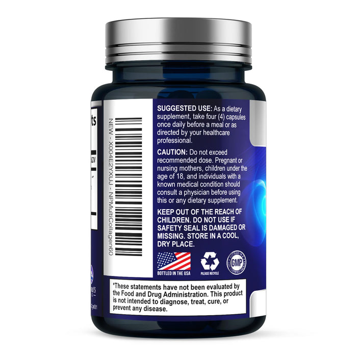 Multi Collagen Peptides Supplement for Hair, Nail, Skin - Type I, II, III, V, X, Collagen Powder Pills - Grass-Fed, Hydrolyzed for Bone and Joint Support for Women & Men, Non-GMO - 60 Capsules