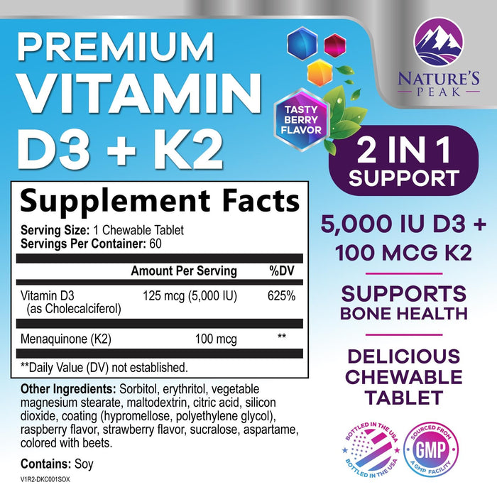 Vitamin D3 K2 - 5000 iu Vitamin D3 & 100 mcg Vitamin K2 (MK-7) Complex for Immune Support - Bone, Teeth & Muscle Health Support - Berry Chewable, Gluten Free, Non-GMO, Made in USA - 60 Tablets