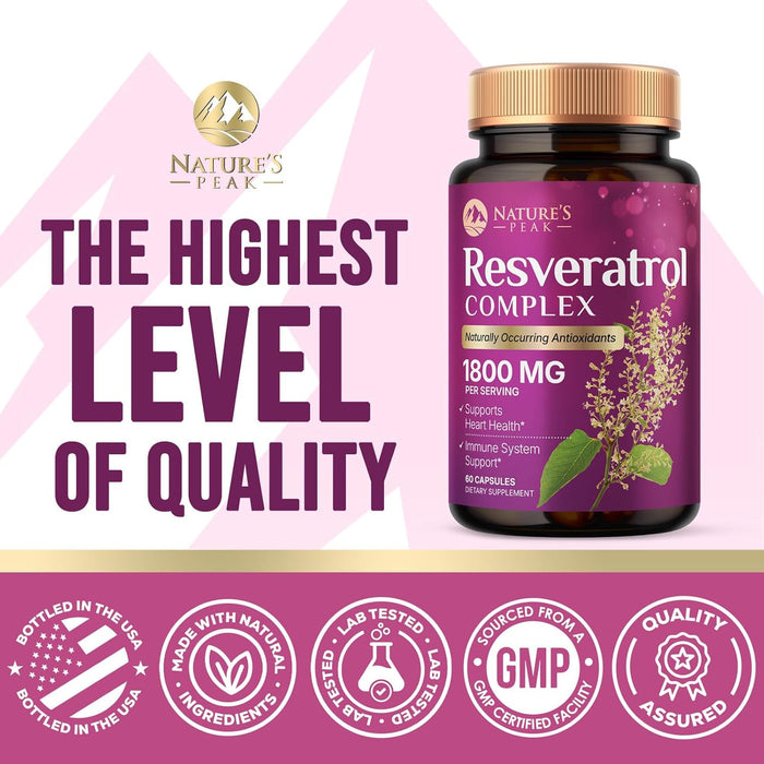 100% Natural Resveratrol 1800mg - 3X Strength Trans-Resveratrol Pills for Heart Health, Best Resveratrol Supplements, Potent Polyphenols Antioxidant Complex, Non-GMO, Bottled in USA - 60 Capsules