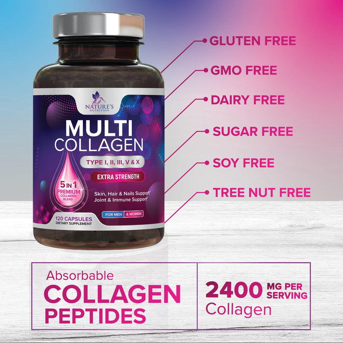 Multi Collagen Peptides Supplement - Hydrolyzed Types I, II, III, V & X Multi Collagen Pills, Hydrolyzed Collagen Peptides Supplements, Hair, Skin, Nail, and Joint Support Supplement, 120 Capsules