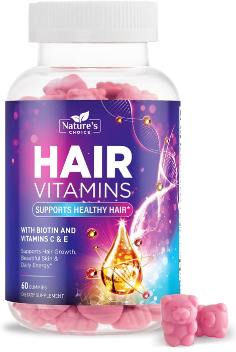 Hair Vitamins Gummies with Biotin 5000 mcg Vitamin E & C Support Hair Growth Gummy, Premium Vegetarian Non-GMO, for Stronger, Beautiful Hair, Skin & Nails, Biotin Gummies Supplement - 60 Gummy Bears