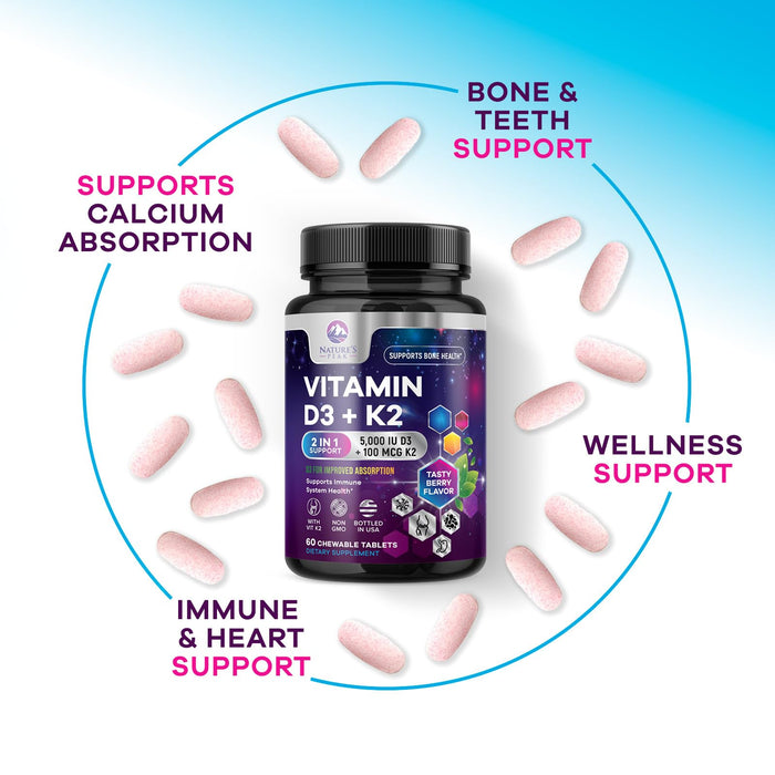 Vitamin D3 K2 - 5000 iu Vitamin D3 & 100 mcg Vitamin K2 (MK-7) Complex for Immune Support - Bone, Teeth & Muscle Health Support - Berry Chewable, Gluten Free, Non-GMO, Made in USA - 60 Tablets