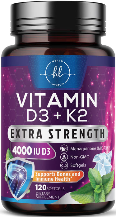 Vitamin D3 K2 - Vitamin D3 (5000 iu) & 100 mcg Vitamin K2 (MK-7) Complex for Immune Support & Bone, Teeth & Muscle Health - Easy to Swallow, Gluten Free, Non-GMO, Bottled in USA - 120 Softgels