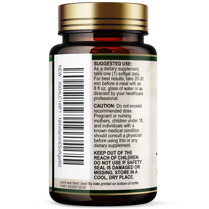 Vitamin E 400 IU Softgels (180mg DL-Alpha) for Women & Men, Supplement for Max Absorption, Nature's Antioxidant for Skin, Heart, Eye, and Immune Health Support, Dairy, Gluten & Soy Free, 60 Softgels