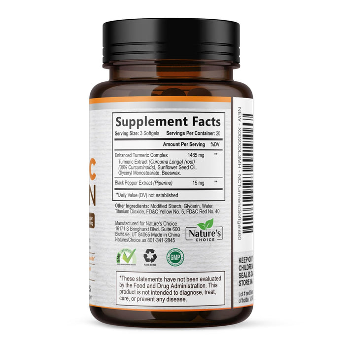 Turmeric Curcumin Supplement 1500mg with Curcuminoids - Tumeric Extract & Black Pepper for Best Advanced Absorption, Nature's Joint Herbal - Immune, Brain, Heart Support, Vegan & Non-GMO - 60 Softgels