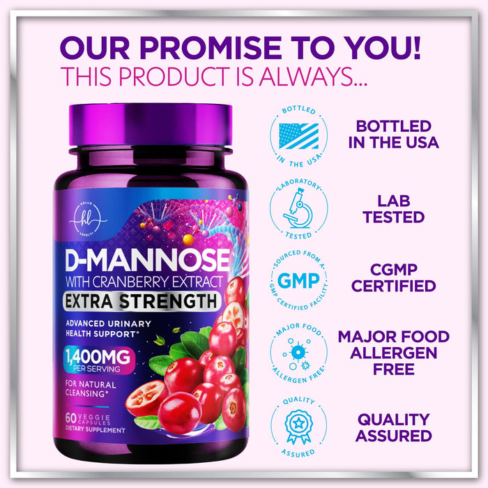D-Mannose 1300mg with Cranberry - Urinary Tract Support - 60 Capsules