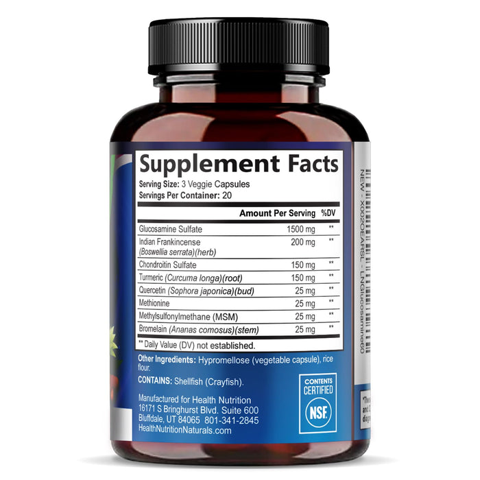 Glucosamine Chondroitin MSM 2100mg Complex - Joint Health Supplement with Turmeric & Boswellia - Quercetin for Cartilage, Flexibility & Mobility - Triple Strength Glucosamine Sulfate - 60 Capsules