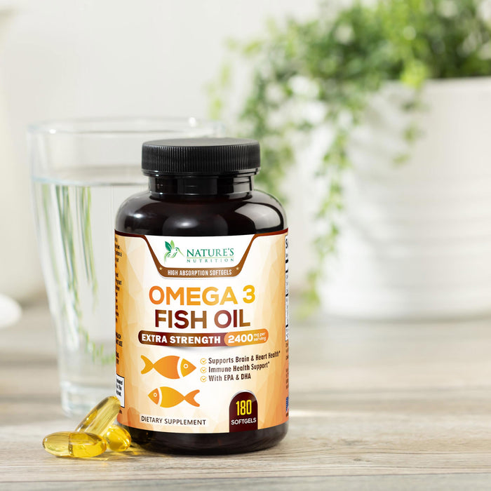 Omega 3 Fish Oil 2400 mg â€“ Triple Strength EPA & DHA Fatty Acids for Heart, Brain & Joint Support â€“ Wild-Caught, Burpless, Lemon Flavor Supplement â€“ Natural, Non-GMO, Gluten-Free â€“ 180 Softgels