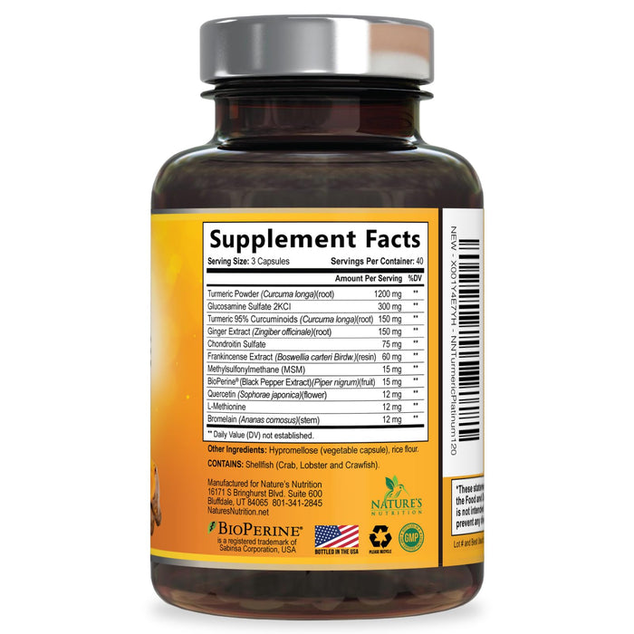 Turmeric Curcumin Supplement 2000mg with Glucosamine Chondroitin & Ginger, 95% Curcuminoids, BioPerine Black Pepper for Best Absorption, Nature's Joint Support, Non-GMO, Bottled in USA - 120 Capsules