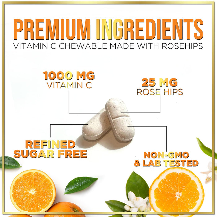 Vitamin C Supplement 1000mg - Extra Strength with Rose Hips Bioflavonoids - Sugar Free Vitamin C Chewable Pills, Nature's Vit C for Immune Support & Antioxidant Protection - 120 Chewable Tablets
