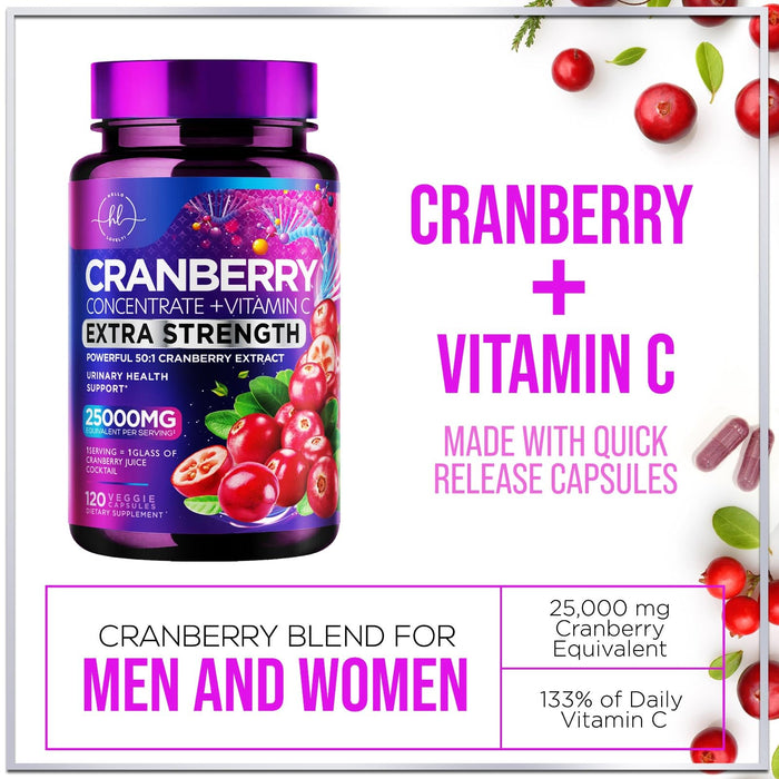 Cranberry Supplement 25,000mg Formula + Vitamin C â€“ Urinary Tract Health Support for Women & Men, 50:1 Whole Fruit Cranberry Extract Pills for Women, Sugar-Free, Non-GMO, Gluten-Free - 120 Capsules
